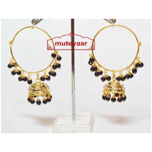 Black Beads Jadau Gold Polished Traditional Punjabi Earrings Bali set J0136