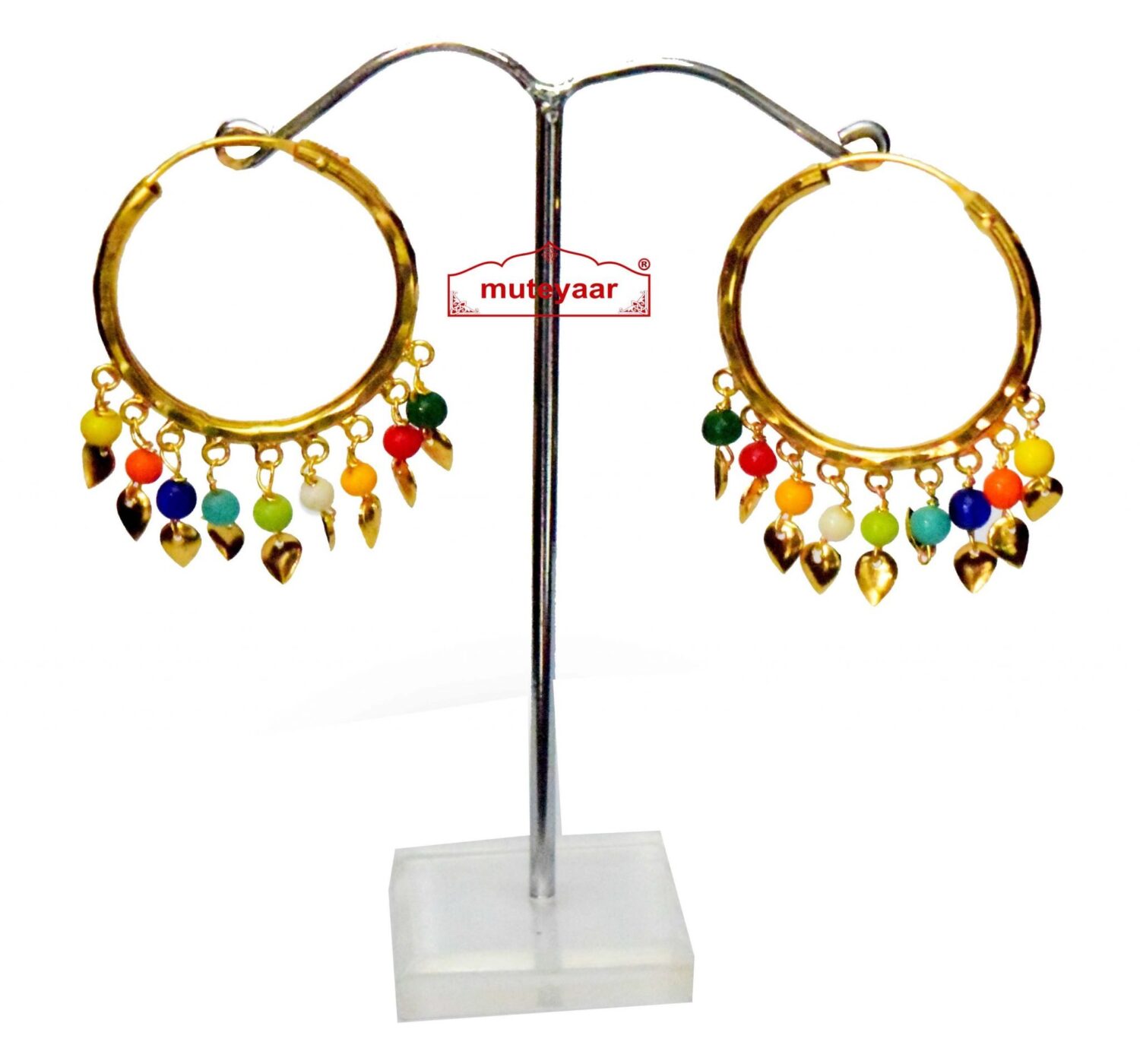 Traditional Punjabi Gold Polished Ear Rings Baliyaan set with Multicolour Beads J0214