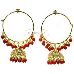 Red Beads Zircons Jadau Gold Plated Traditional Punjabi Jewellery Earrings Bali set J0293