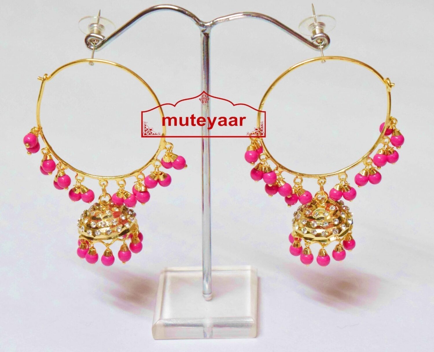 Magenta Beads Jadau Gold Polished Traditional Punjabi Earrings Bali set J0391