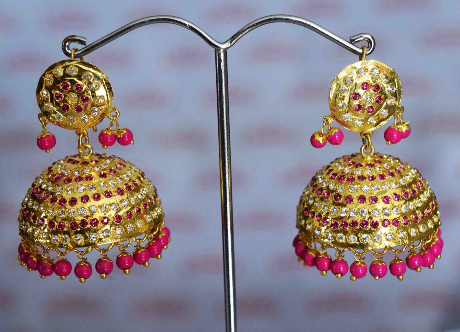 Punjabi Jadau Earrings Big Jhumka with magenta beads J0423 1