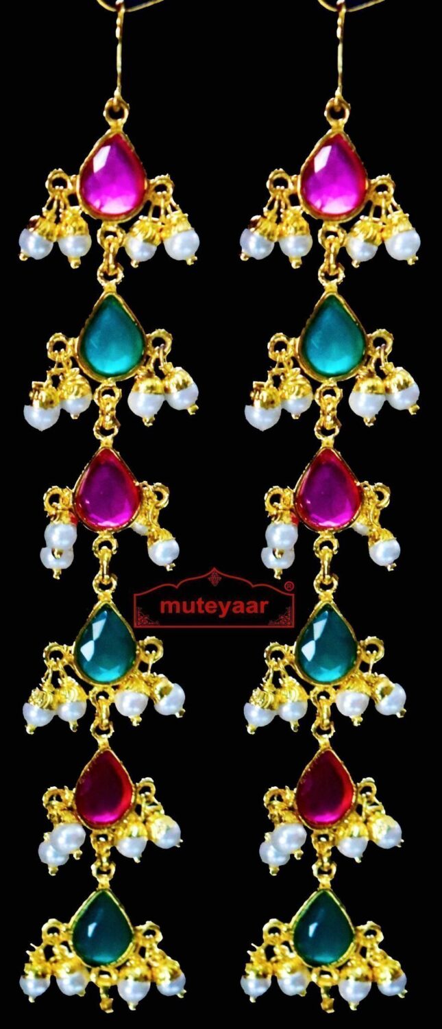 Jadau Gold Polished Long Chain Type Punjabi Earrings set J0466 1