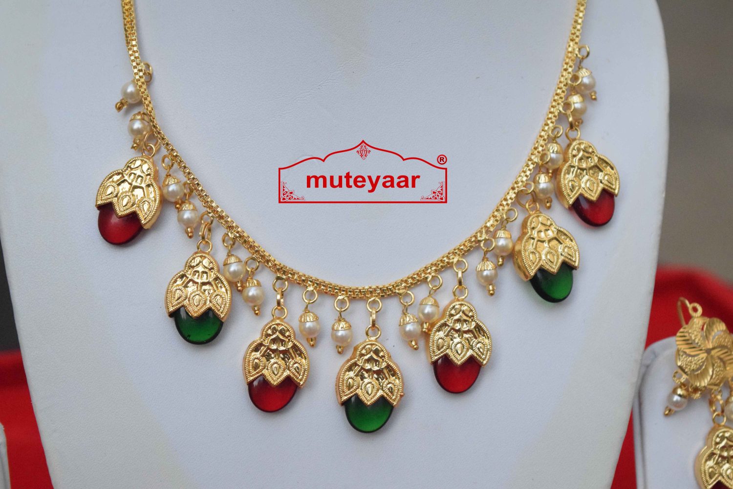 Red Green Traditional Punjabi Jewellery Dakh Set J0499 2
