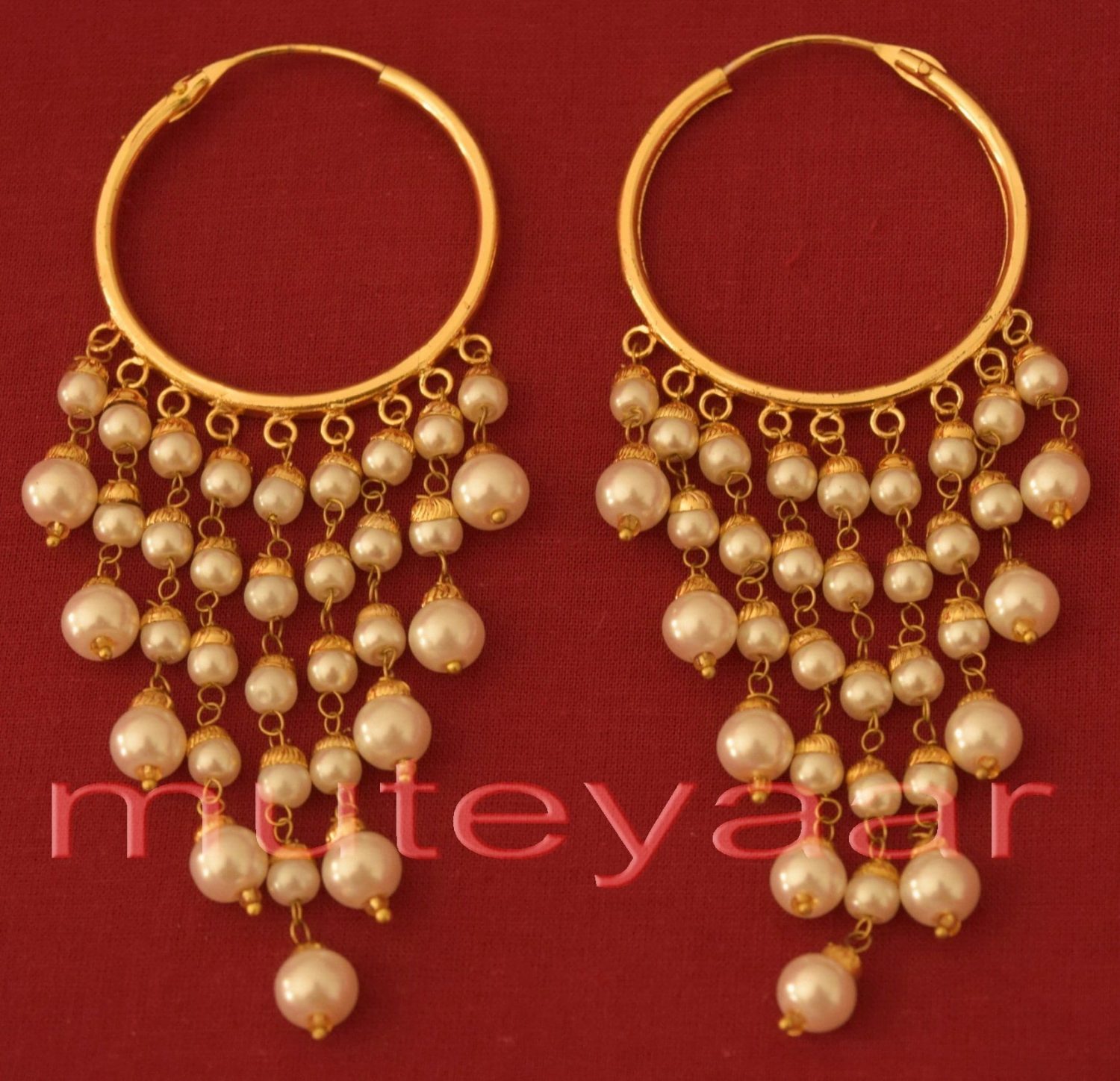 Traditional Punjabi Handmade Gold Plated Ear Rings Baliyyan set with White Beads J0215 1