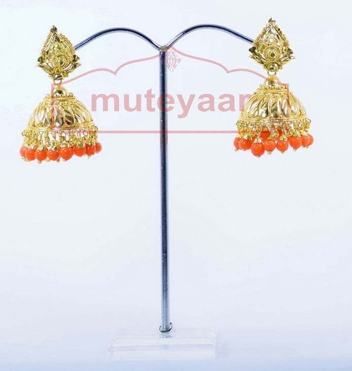 Orange Beads Gold Plated Punjabi Traditional Jewellery Earrings Jhmki J0279 2