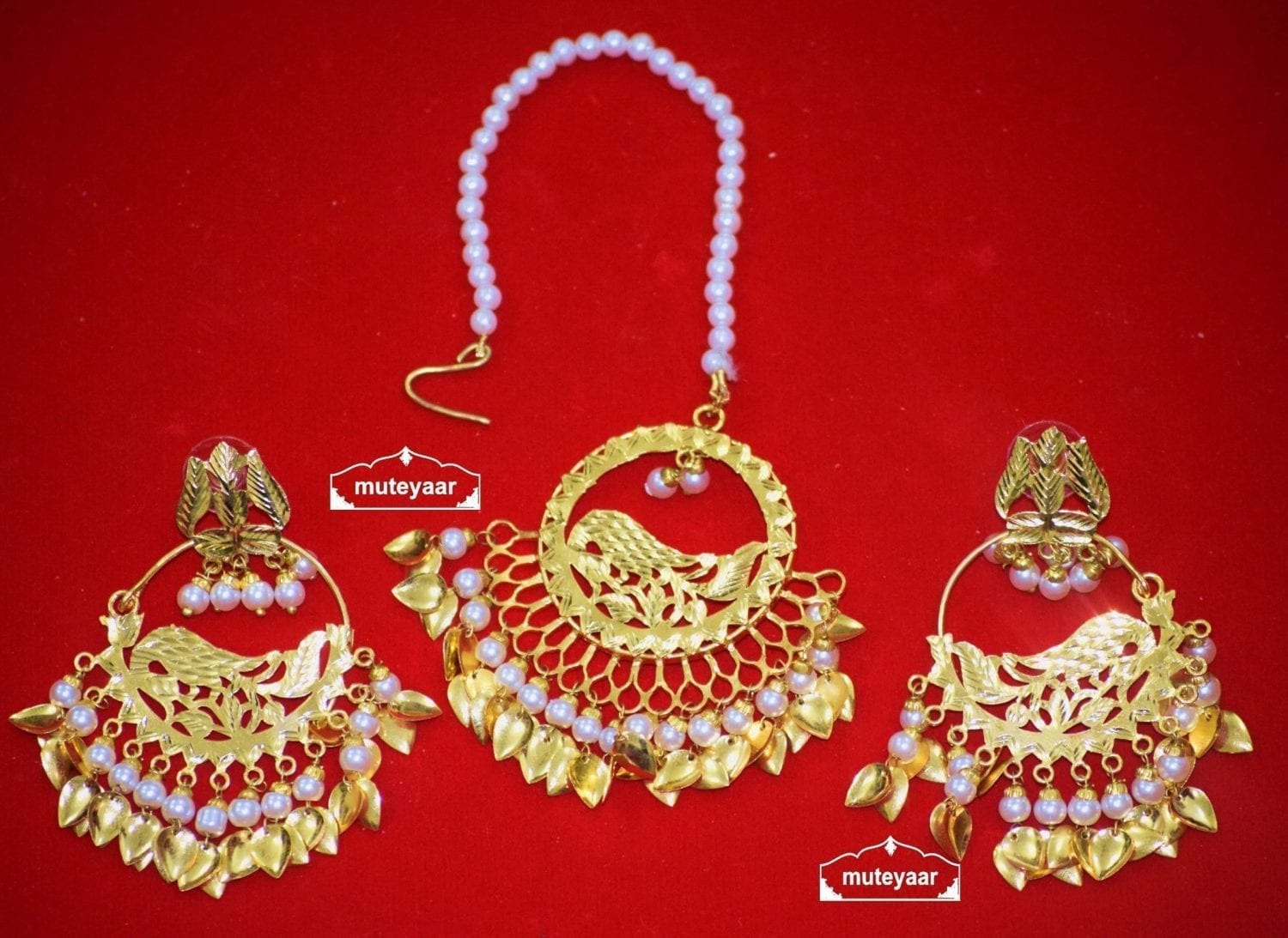 Hand Made Gold Plated Morni Design Traditional Punjabi Earrings Tikka Set J0305 1