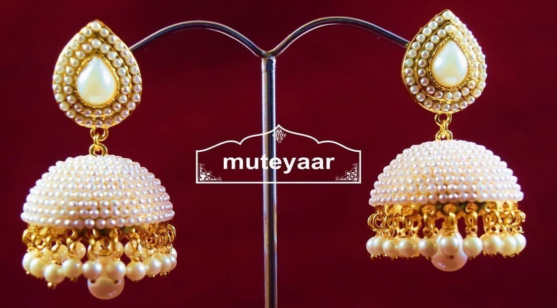 Moti Pearl Jewellery Gold Polish Traditional Punjabi Earrings Jhumka J0311 2