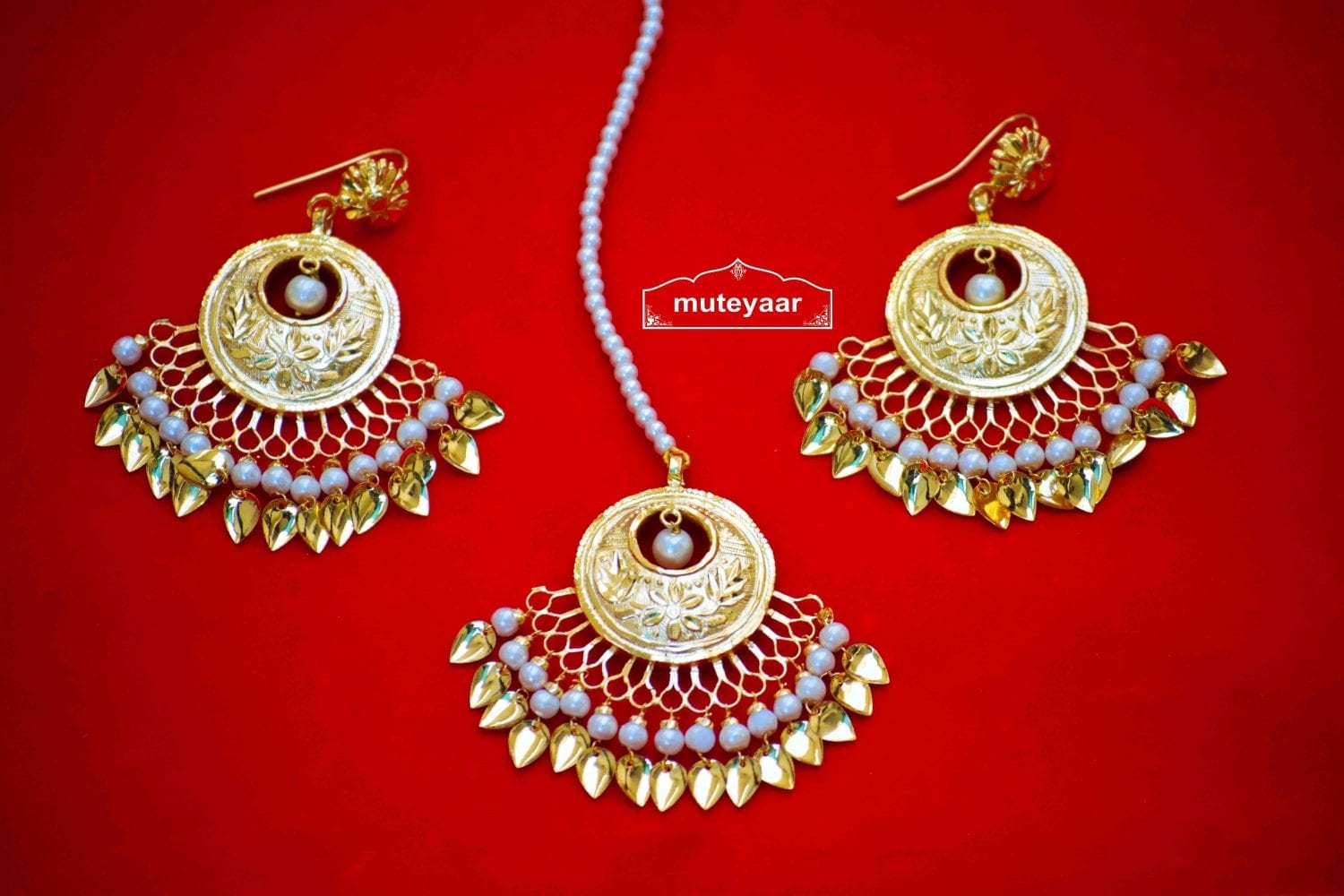 24 Ct. Gold Plated Traditional Punjabi Jewellery Earrings Tikka set Hand Made J0383 1