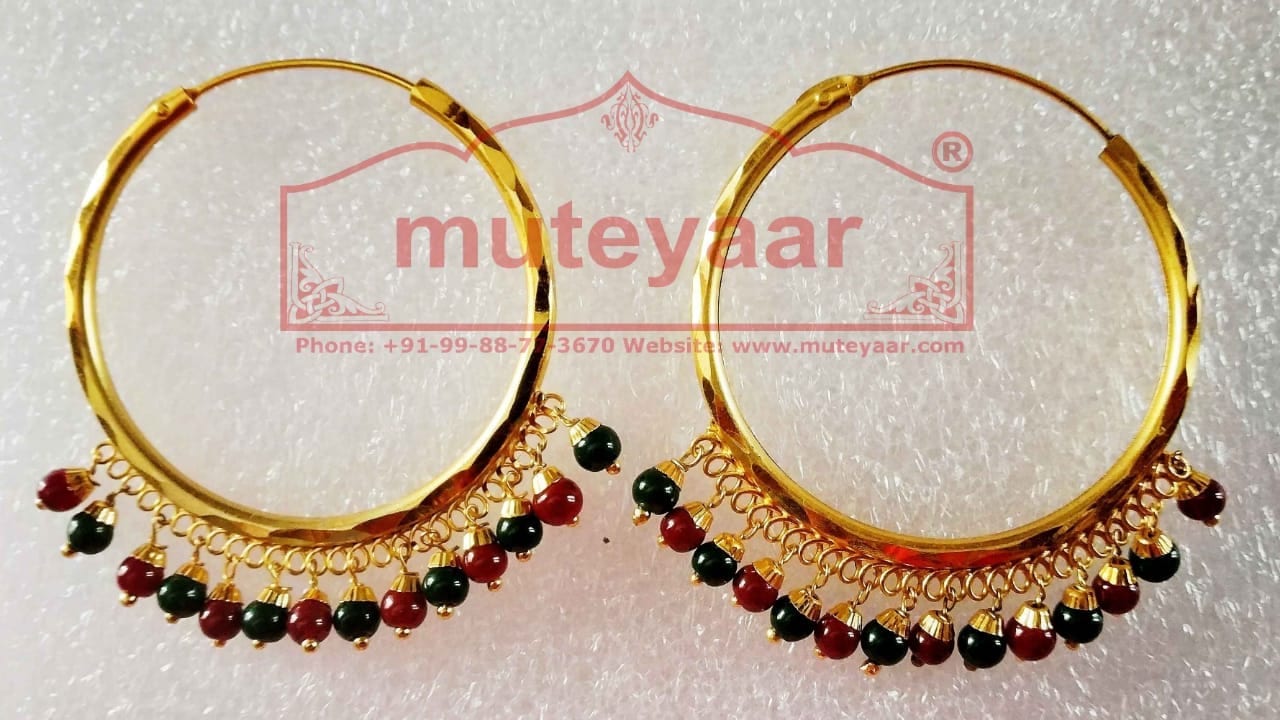Gold Polished Bali Earrings with Maroon Green beads J0435 1