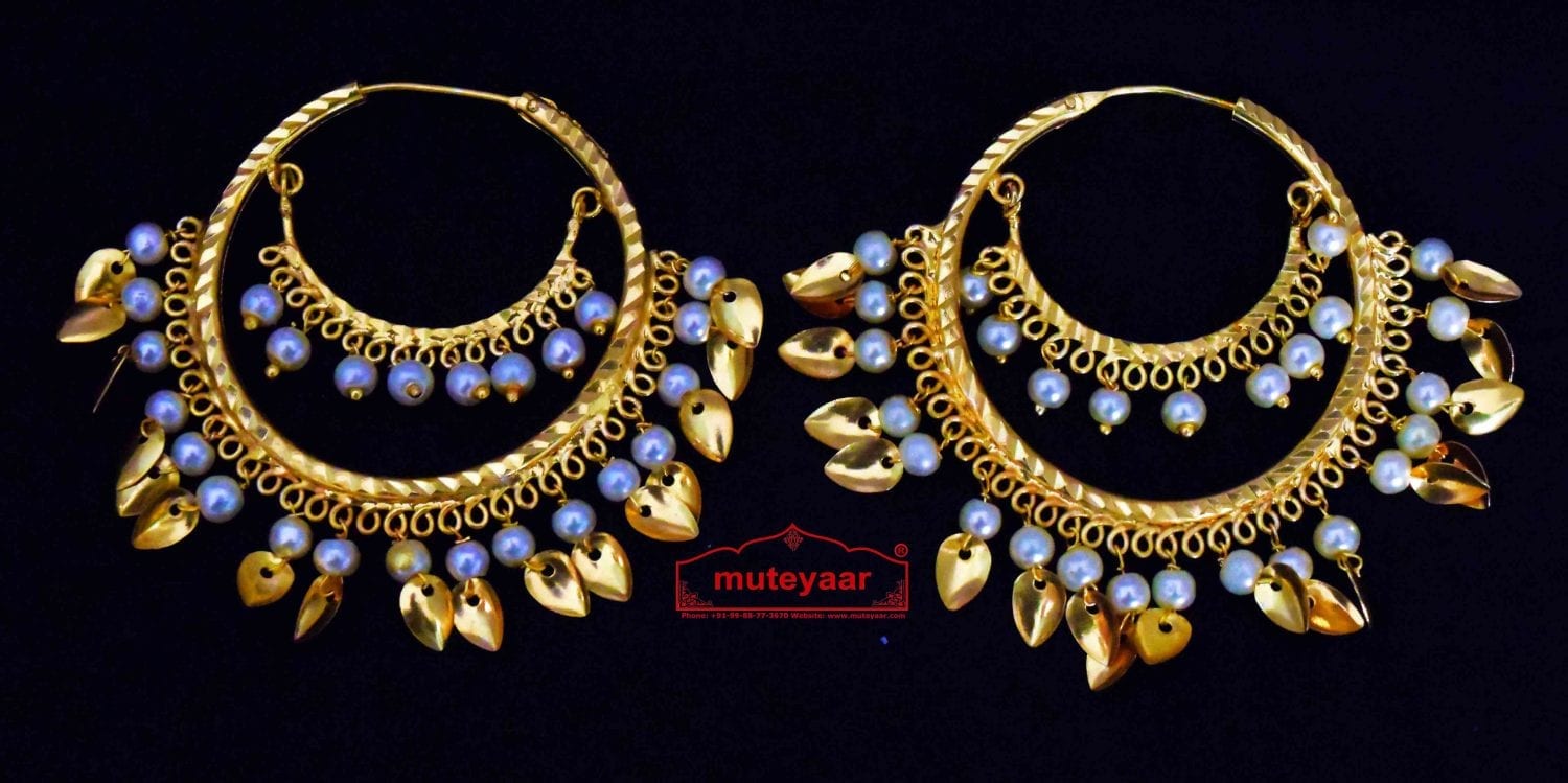 Traditional Punjabi Gold Plated Ear Rings Baliyaan with White Beads J0441 1