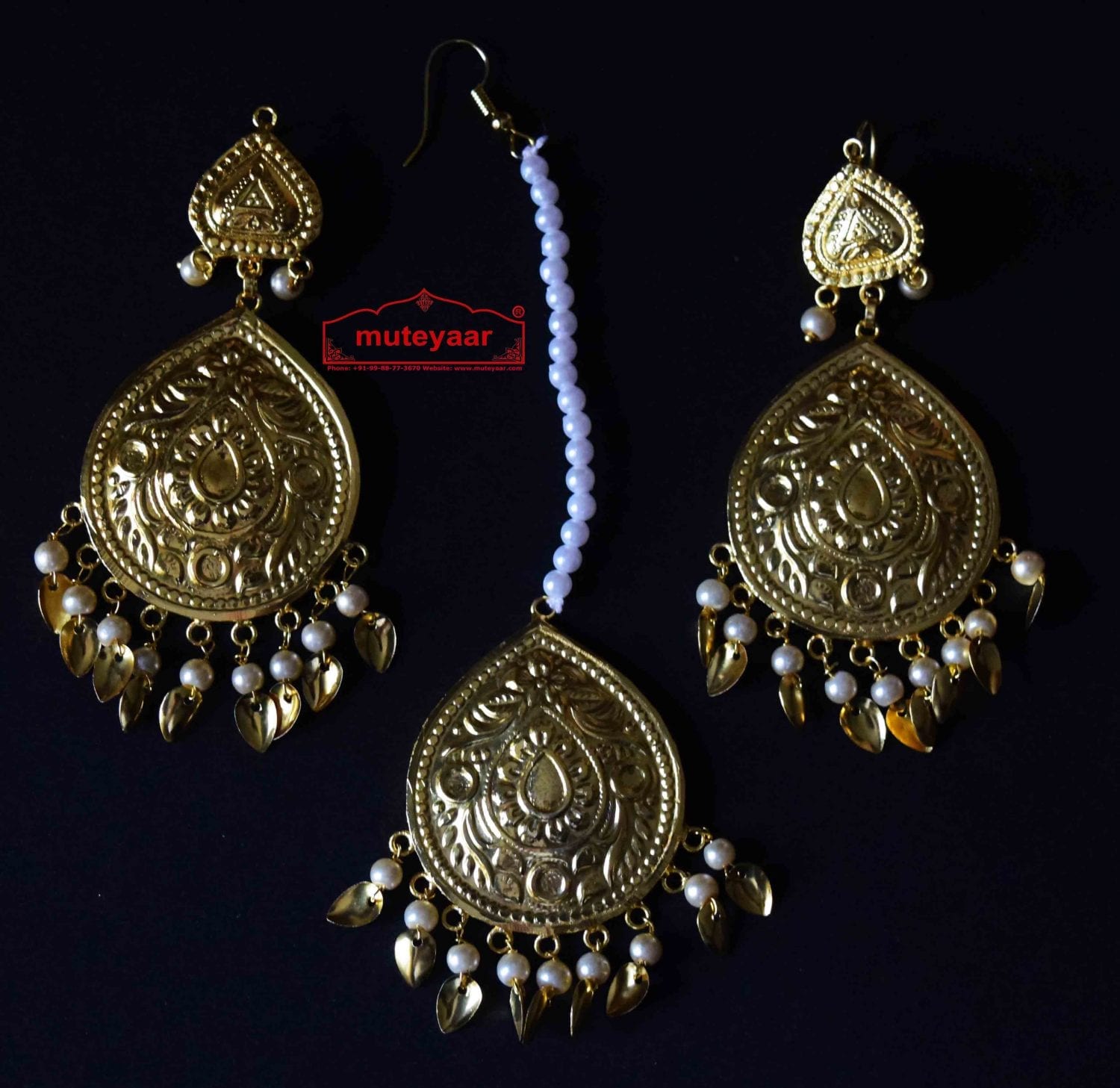 Gold Polished Punjabi Earrings Tikka set with white moti beads J0457 1