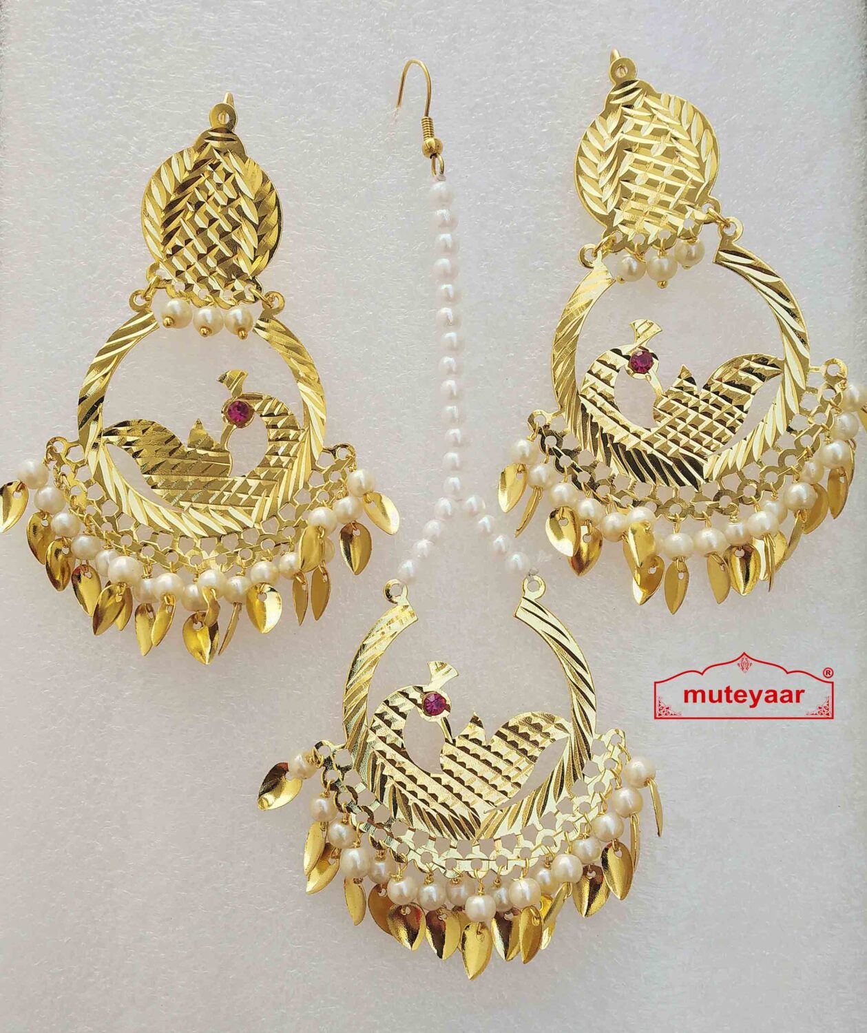 Cut Work Gold Polished Punjabi Earrings Tikka set J0477 1