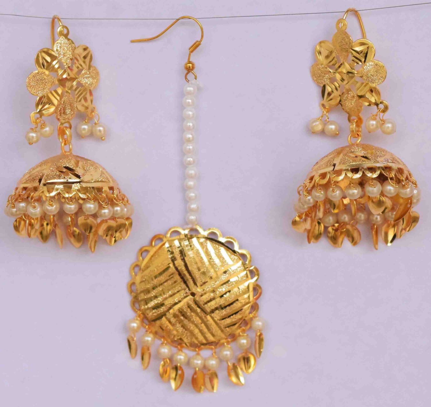 Gold Polished Punjabi Earrings Tikka set with white moti beads J0480 1
